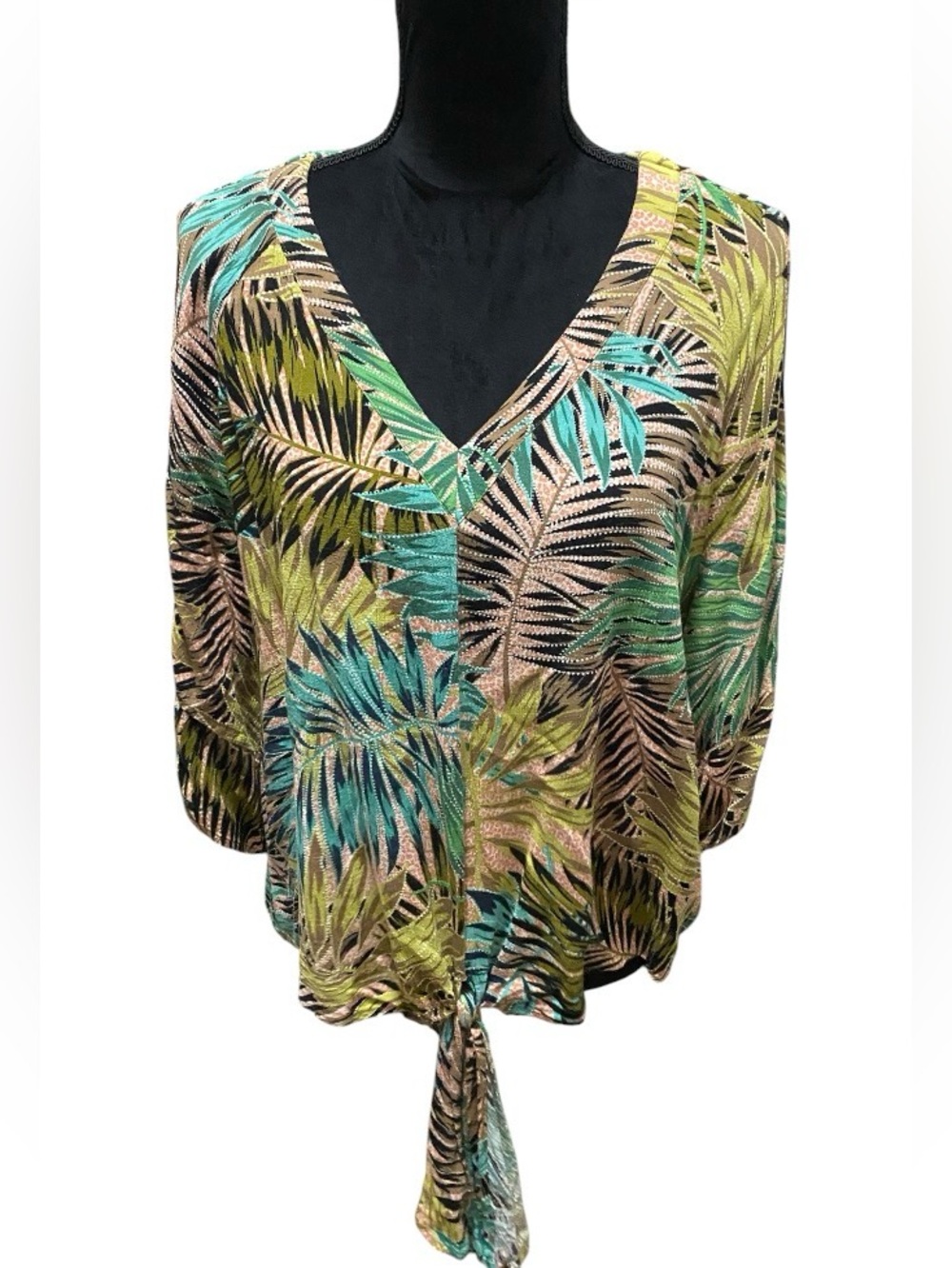 Democracy Tropical Tie-Front V-Neck Blouse